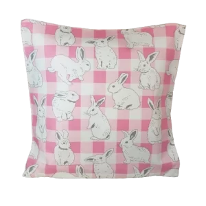Pink Buffalo Check Bunny Pillow, 12 inches, handcrafted with a removable zip-closure cover. Ideal for travel or home décor.