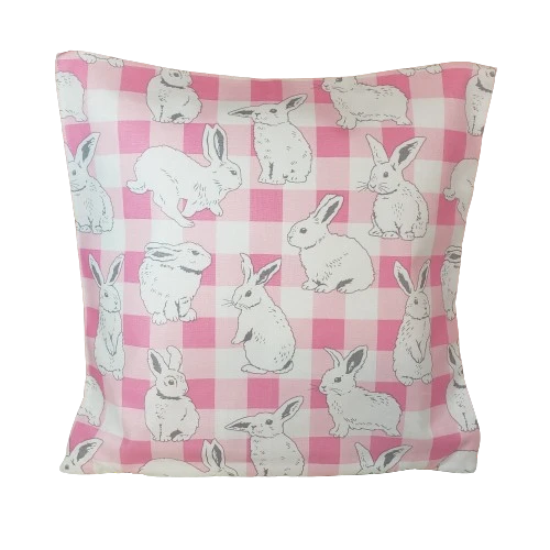 Pink Buffalo Check Bunny Pillow, 12 inches, handcrafted with a removable zip-closure cover. Ideal for travel or home décor.