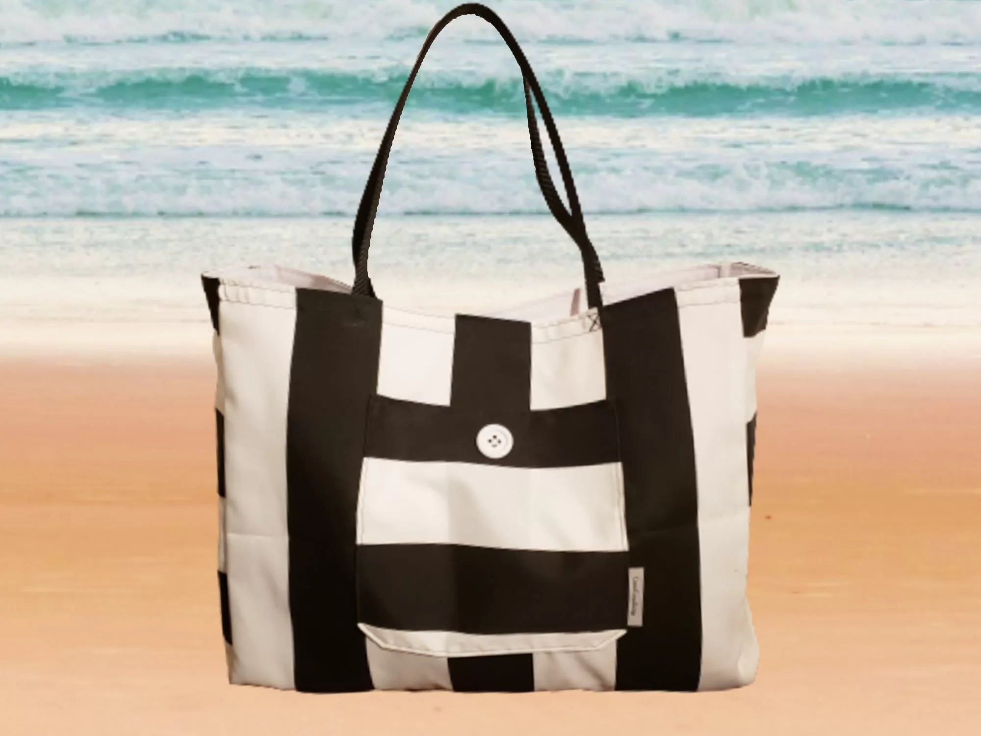 Striped Canvas Tote, Black & White, Large
