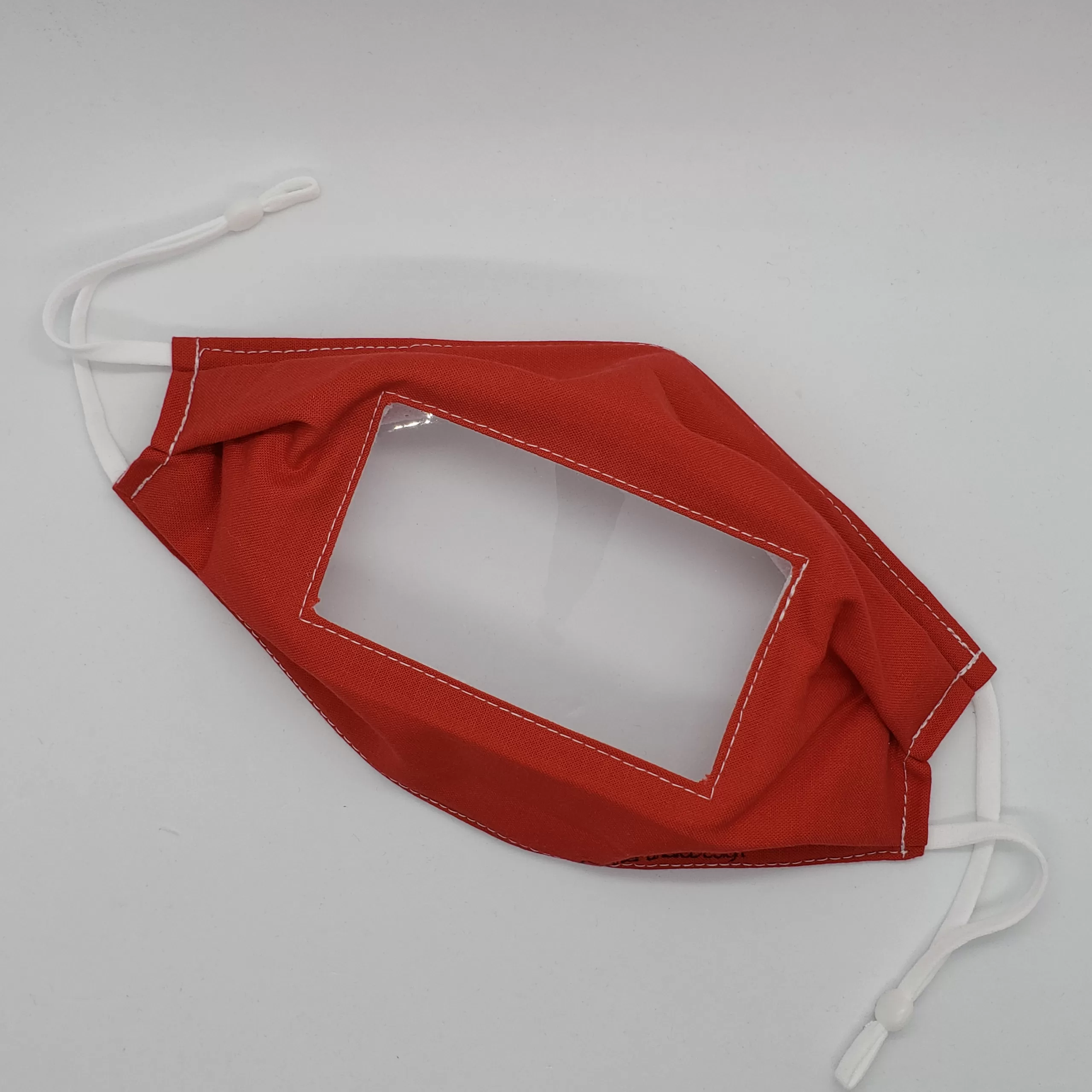 Red anti fog face mask with clear vinyl window