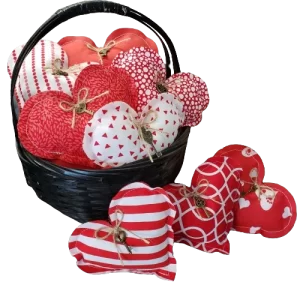 8 Handmade mini plush heart pillows for bowl fillers, made with cotton fabric, stuffed with polyester fill, perfect for love-themed decor.