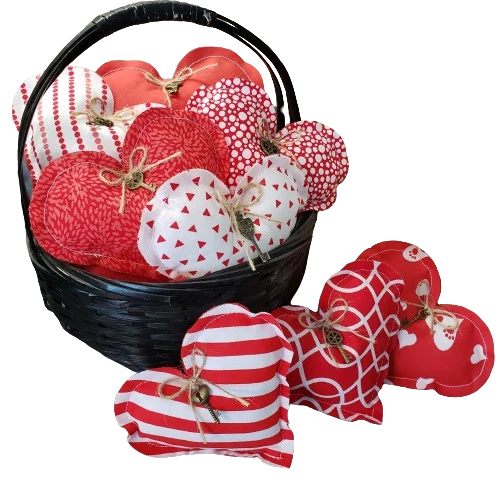 8 Handmade mini plush heart pillows for bowl fillers, made with cotton fabric, stuffed with polyester fill, perfect for love-themed decor.