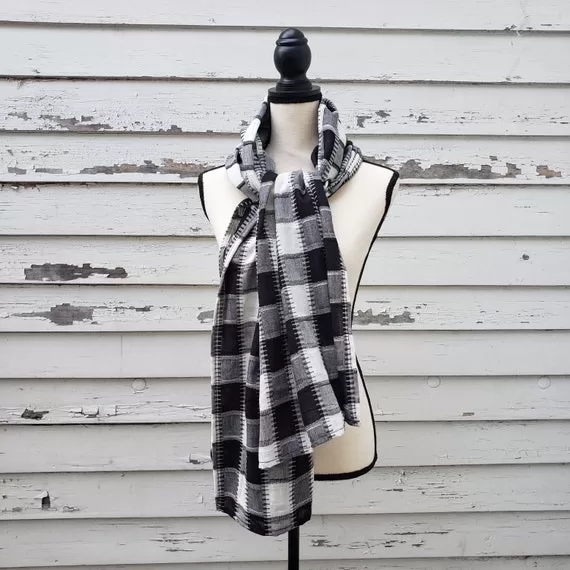 Handmade lightweight plaid scarf, shown in black and white.