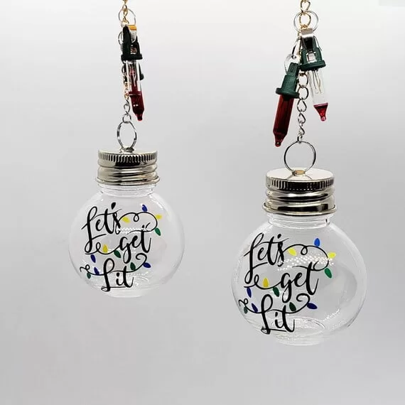 Booze Ball Ornaments, Let's Get Lit, Sets of 2 to 8 Units, Alcohol Whiskey Shots, Christmas Tree Baubles, Food Grade PET, Shatterproof Plastic, Fillable