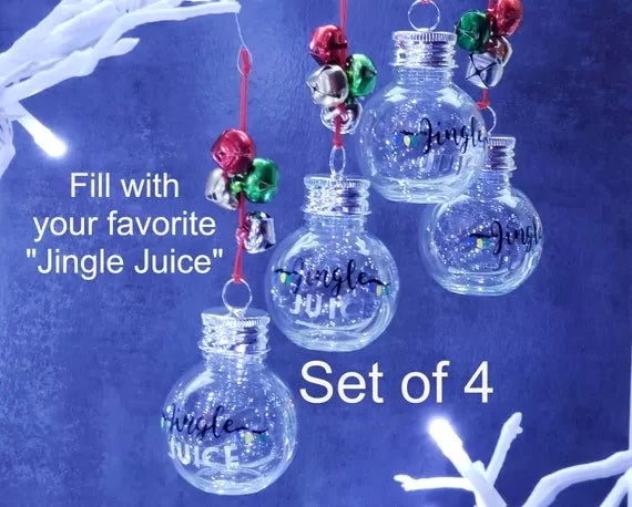 Set of 4 Booze Ball Ornaments, Jingle Juice quote on front of each ornament. Great for party shots, Fun Christmas Tree Baubles, Made of Food Grade PET, Shatterproof Plastic, Fillable