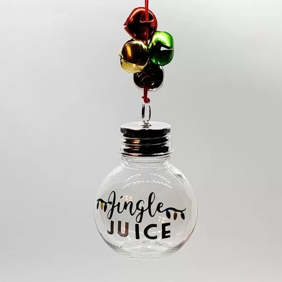 Set of 4 Booze Ball Ornaments, Jingle Juice quote on front of each ornament. Great for party shots, Fun Christmas Tree Baubles, Made of Food Grade PET, Shatterproof Plastic, Fillable