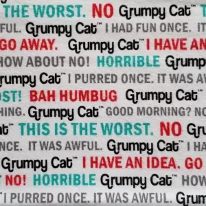 Novelty Grumpy Cat sayings flannel fabric, 1 yard, 45" wide. This soft cotton flannel is packed with funny Grumpy Cat sayings.