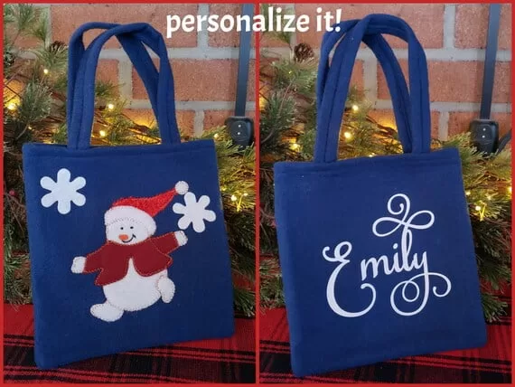 Blue Fleece Snowman Applique Tote Bag, Personalized Gift