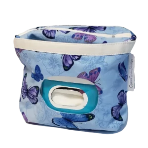 6 inch blue butterfly theme makeup bag with front window pocket to hold and dispense makeup wipes. Coordinating zipper and white cotton liner, plus a keychain ring tab.