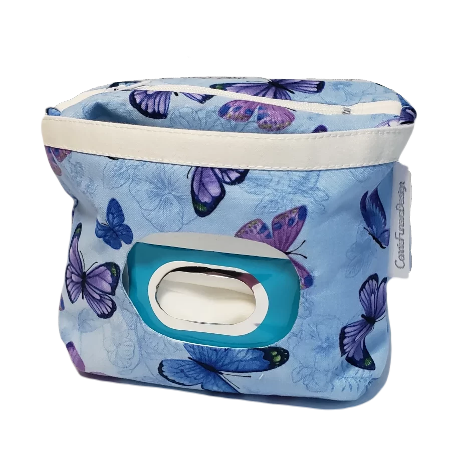 6 inch blue butterfly theme makeup bag with front window pocket to hold and dispense makeup wipes. Coordinating zipper and white cotton liner, plus a keychain ring tab.