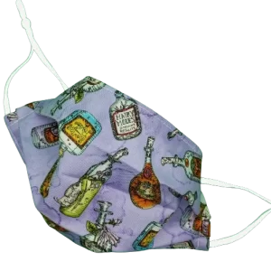 purple cotton fabric face mask. Potion bottle theme pattern. Adjustable elastic, sewn in nose wire, adult size shown.