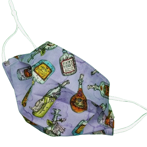 purple cotton fabric face mask. Potion bottle theme pattern. Adjustable elastic, sewn in nose wire, adult size shown.