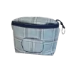 6 inch blue plaid makeup bag with front window pocket to hold and dispense makeup wipes. Coordinating zipper and navy blue liner, plus a keychain ring tab.