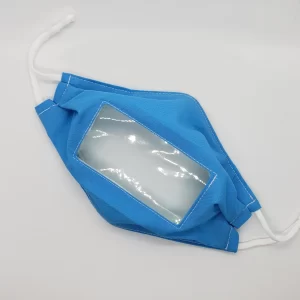 anti fog face mask with vinyl window. Color is blue