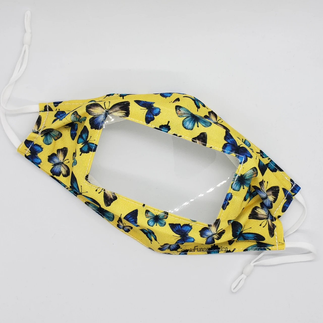 anti fog clear window face mask. yellow with blue butterflies pattern. Adult sizes