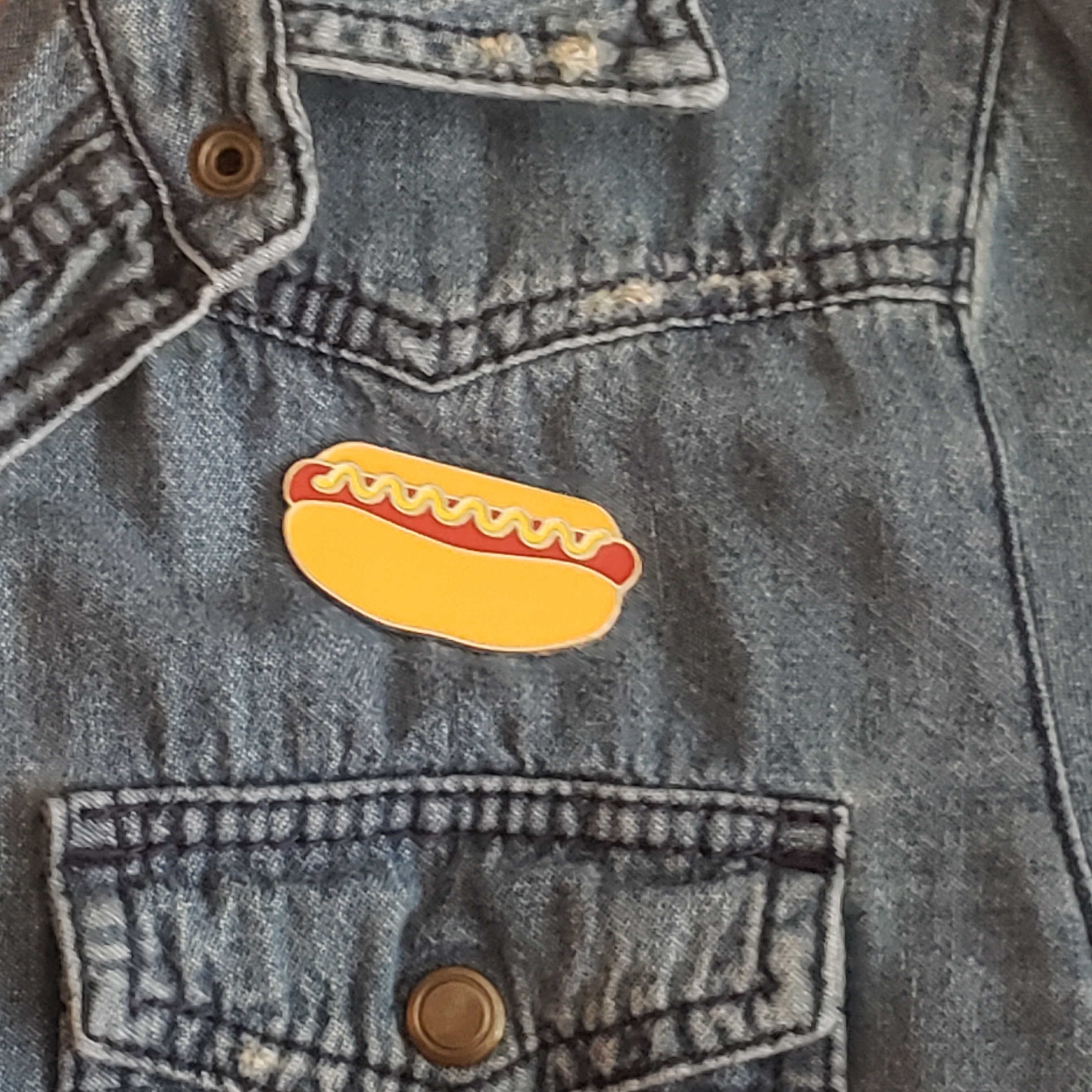 hot dog shape retro enamel pin. 2 inches long