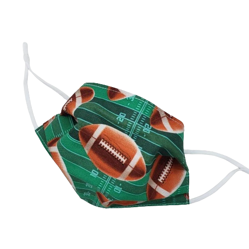 football themed kids face mask. cotton fabric with filter fabric liner. adjustable metal nose wire and elastic