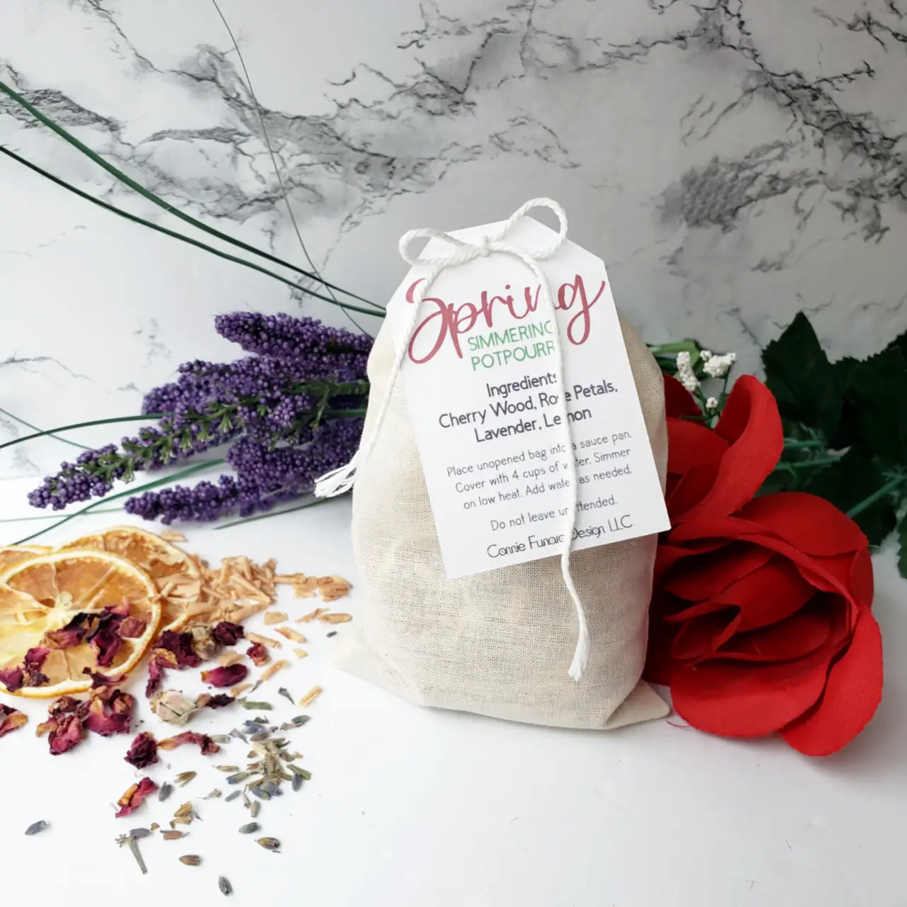 Mess free simmering potpourri pouch. Fresh spring scent. all natural ingredients.