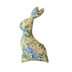 decorative floral spring plush bunny. 8 inches. cotton yellow and blue floral pattern
