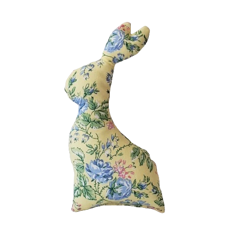 decorative floral spring plush bunny. 8 inches. cotton yellow and blue floral pattern
