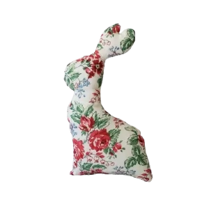 spring plush fabric bunny. 8 inches. red and white floral cotton fabric