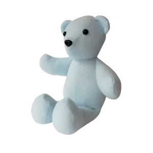light blue handmade teddy bear. Soft fleece, 13 inches tall, black plastic safety eyes and nose