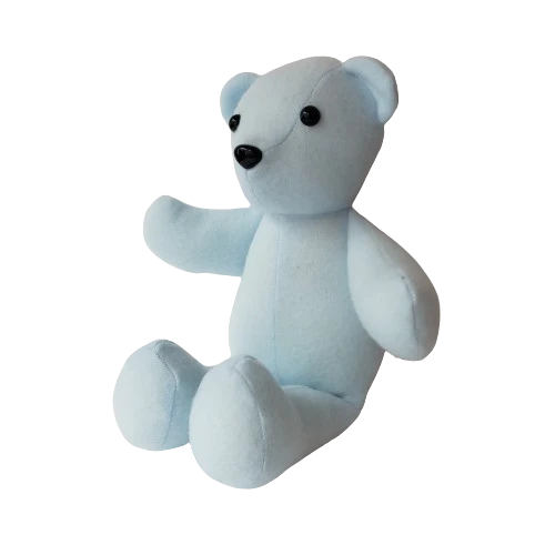 light blue handmade teddy bear. Soft fleece, 13 inches tall, black plastic safety eyes and nose