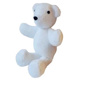 handmade soft white fleece teddy bear with black plastic safety eyes and nose. 13 inches tall