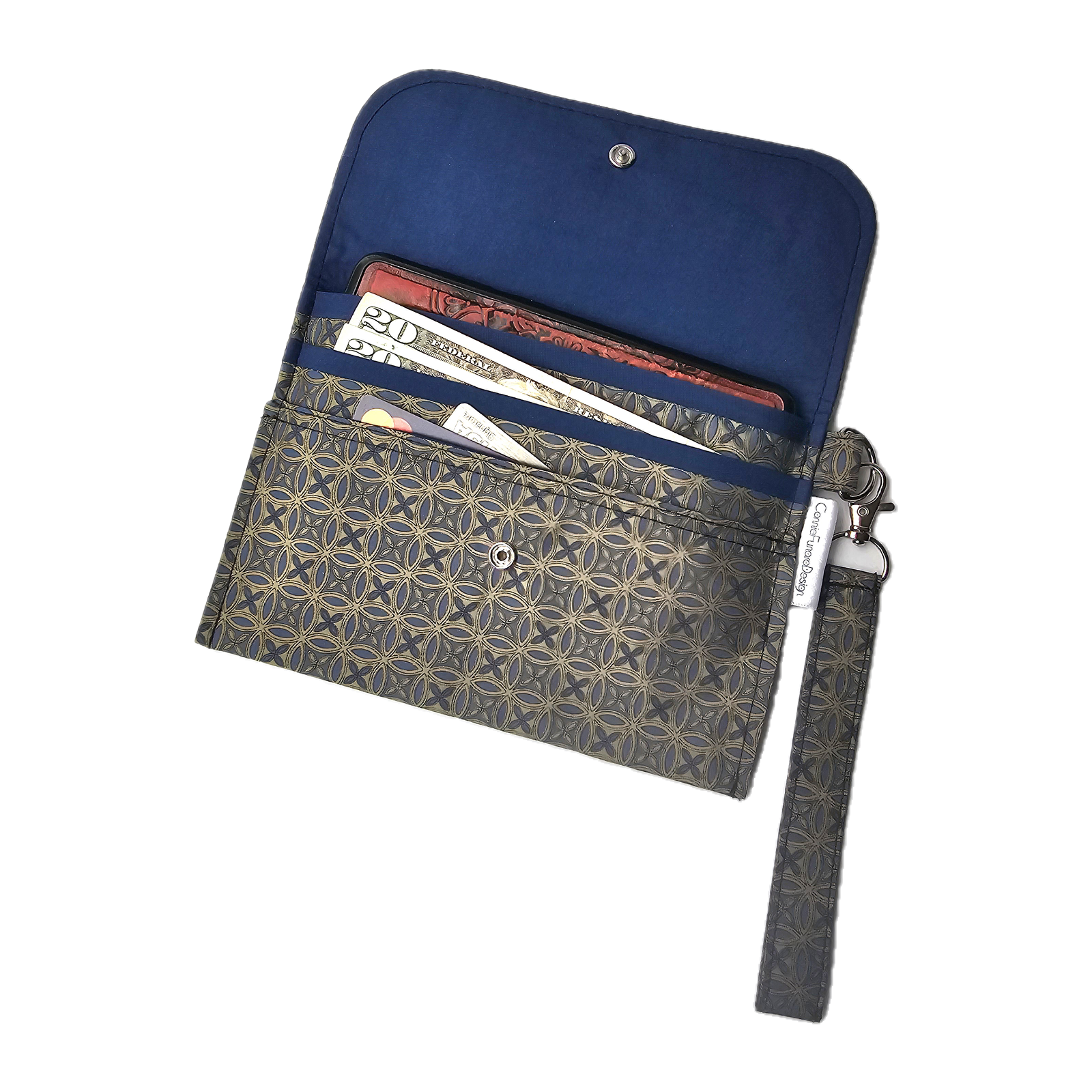 Phone Wallet With Wrist Strap, Blue and Gold Unisex