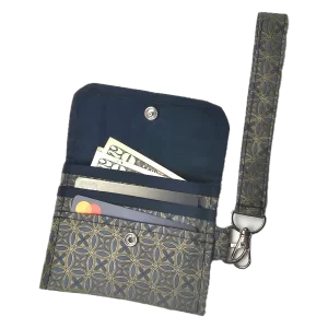 Unisex credit card wallet. Satin fabric with blue and gold geometric print. 3 pockets, snap closure, and wrist strap.