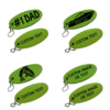green custom floating keychain. shown with available custom options