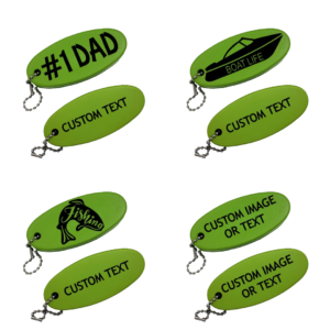 green custom floating keychain. shown with available custom options