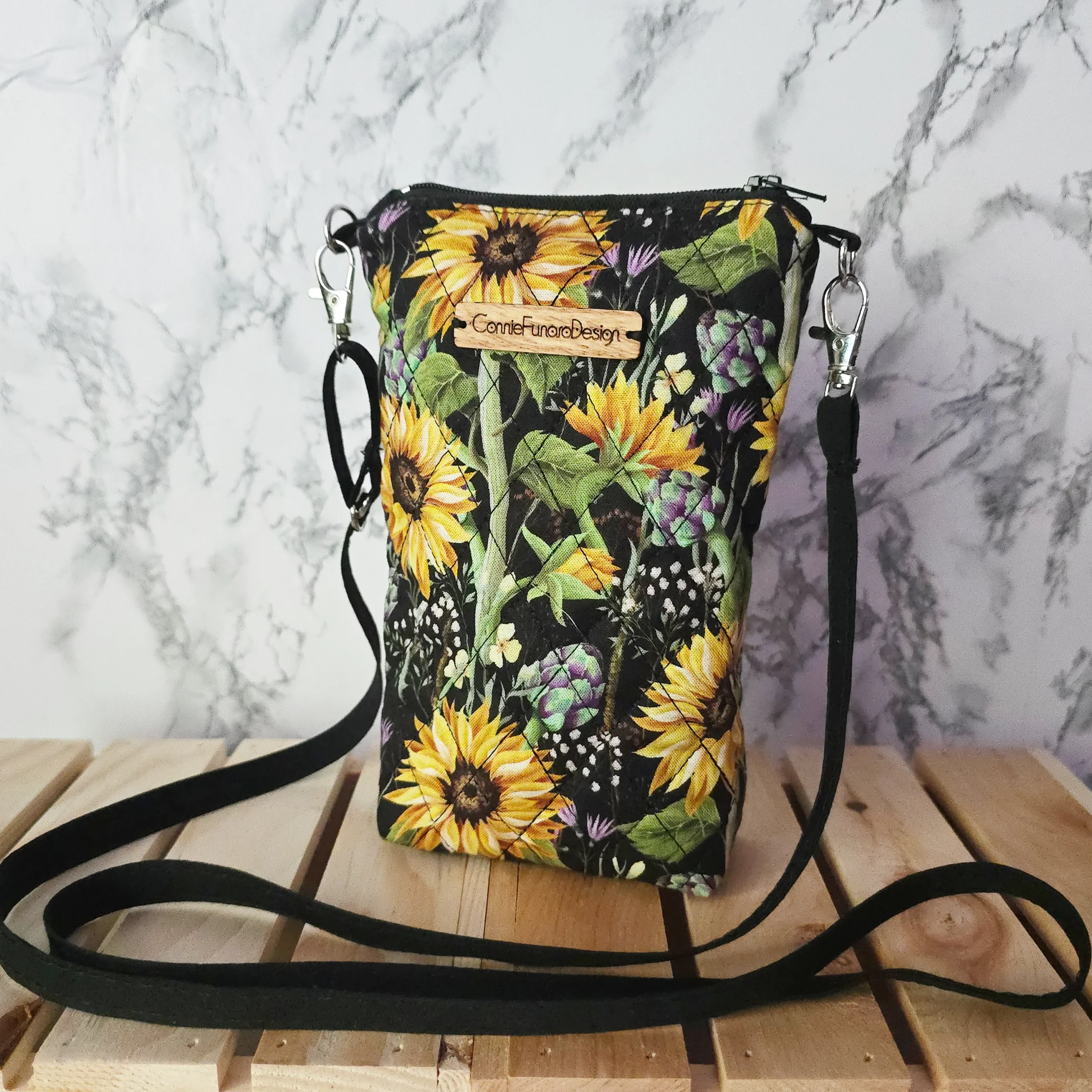 Crossbody Phone Bag, Sunflower Design, Quilted, Adjustable Strap