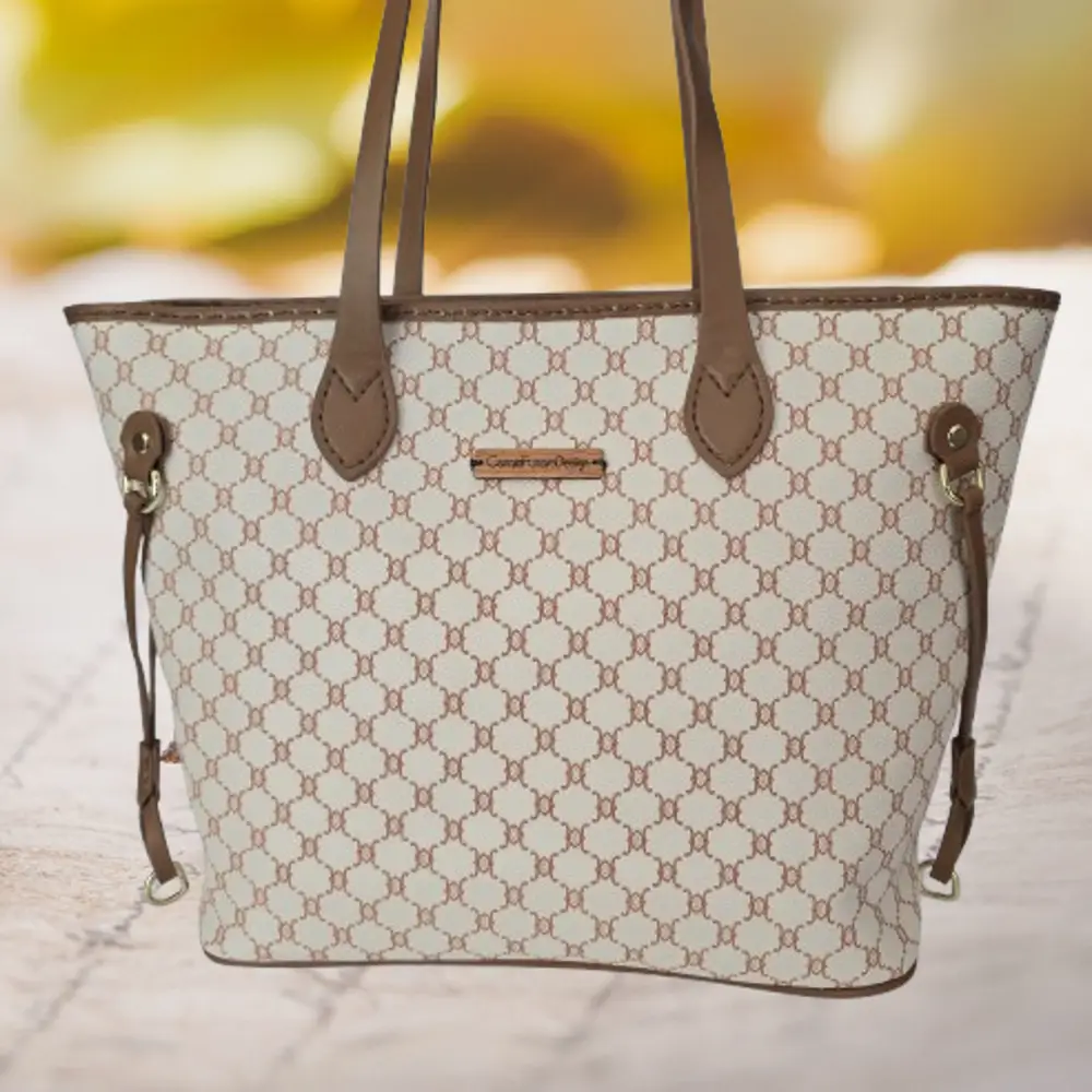 Handmade vegan leather tote bag in cream with a lattice pattern and brown accents, featuring goldtone hardware and a secure zipper closure, ideal for everyday use.