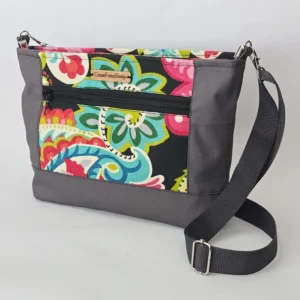 handmade fabric purse, colorful tropical print with gray teim