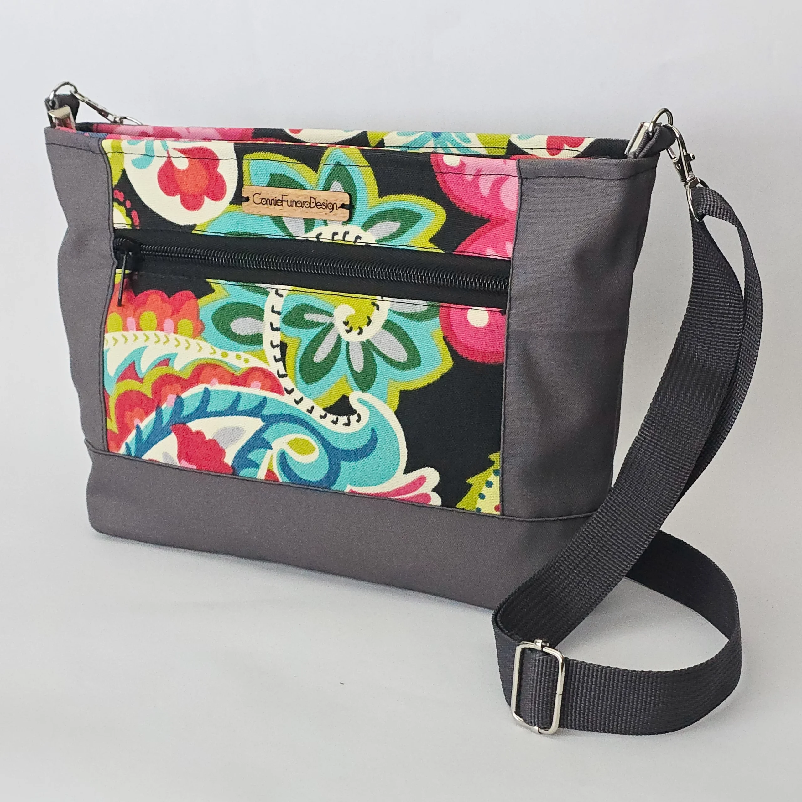handmade fabric purse, colorful tropical print with gray teim