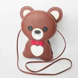Handmade teddy bear character purse in brown vegan leather, 10 inches tall, with zip closure and crossbody strap. Cute and perfect for gifting