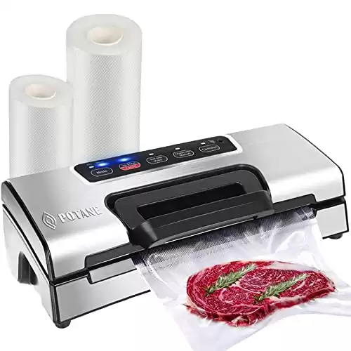 Potane Precision Vacuum Machine,Pro Food Sealer with Built-in Cutter and Bag Storage(Up to 20 Feet Length), Both Auto&Manual Options,2 Modes,Includes 2 Bag Rolls 11 x16 and 8 x16 ,Compact Design