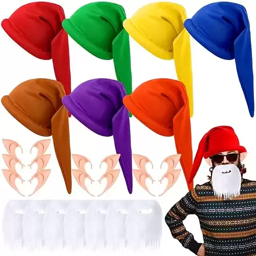 Hungdao 21 Pcs Halloween Dwarf Costumes Set 7 Pcs Dwarf Hat Gnome Elf Hat 7 Pcs Fairy Pixie Elf Ears Fake Pointed Ears 7 Pcs Santa White Fake Beard for Party