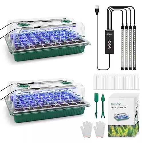 BlumWay Seed Starter Tray with Grow Light,2 Pack 80 Cells Seedling Tray Kit with Humidity Dome/Indoor Plant Starter Kit, Adjustable Brightness Plant Germination Trays