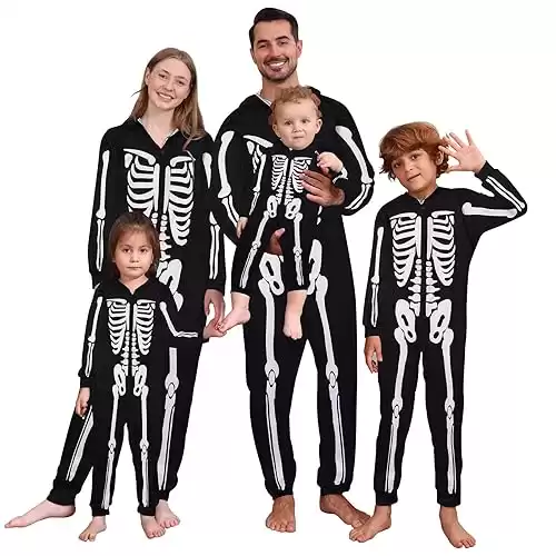 Patgoal Halloween Skeleton Costumes Matching Family One Piece Hooded Jumpsuit Bodysuit for Men Women Kids Couples Adult