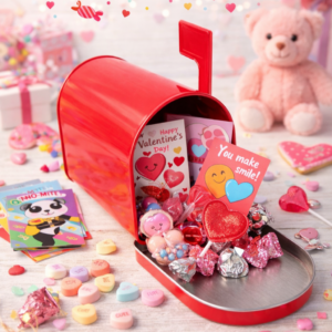 Bright red mini mailbox for valentine treats, shown open on a white background