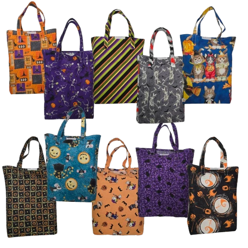 Handmade cotton trick-or-treat bag with boxed bottom, 12" tall, 8" wide, assorted Halloween patterns, sturdy carry handles
