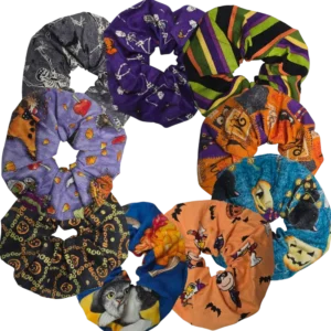 Handmade Halloween scrunchie, 6 inches wide, cotton fabric, festive hair accessory for Halloween and fall hairstyles
