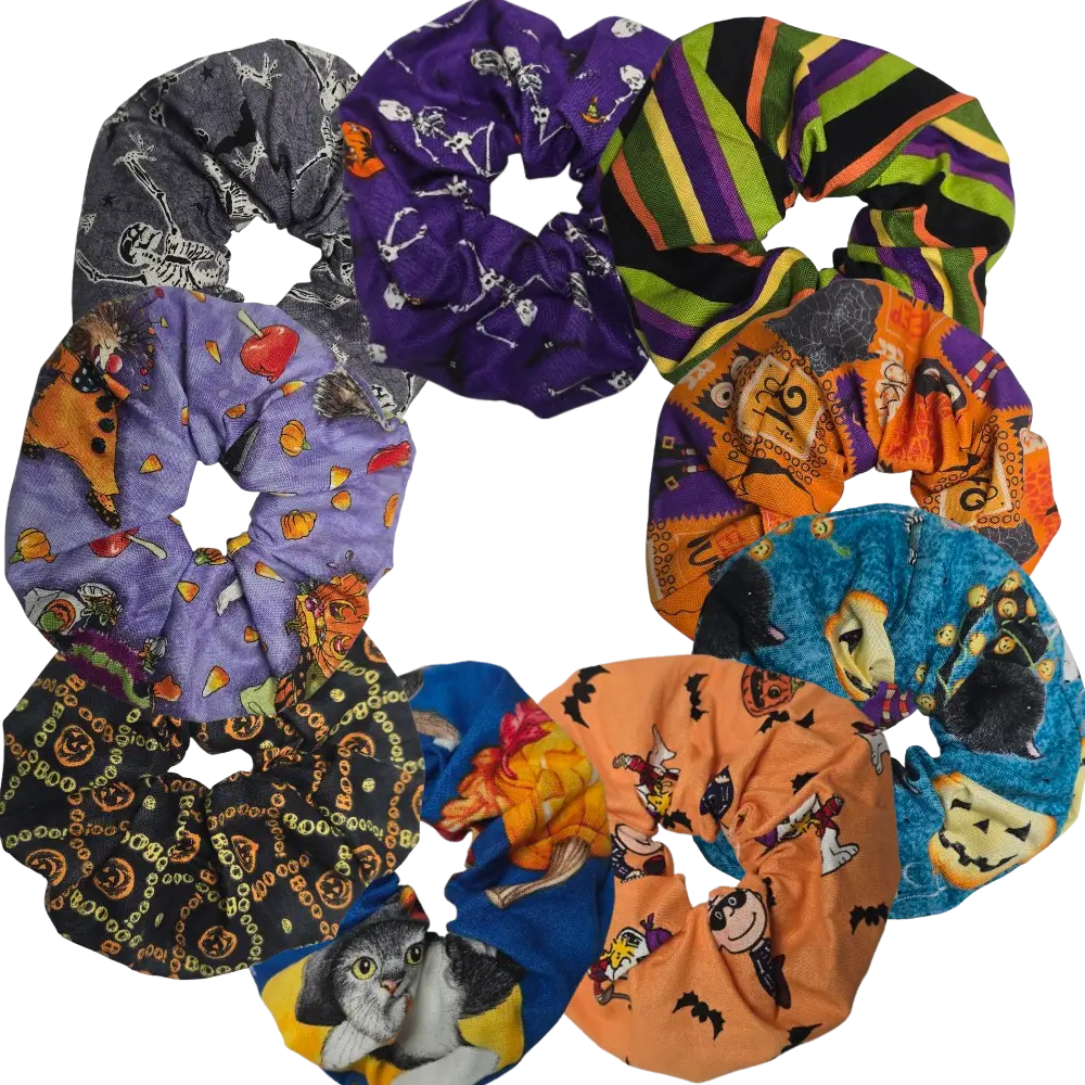 Handmade Halloween scrunchie, 6 inches wide, cotton fabric, festive hair accessory for Halloween and fall hairstyles